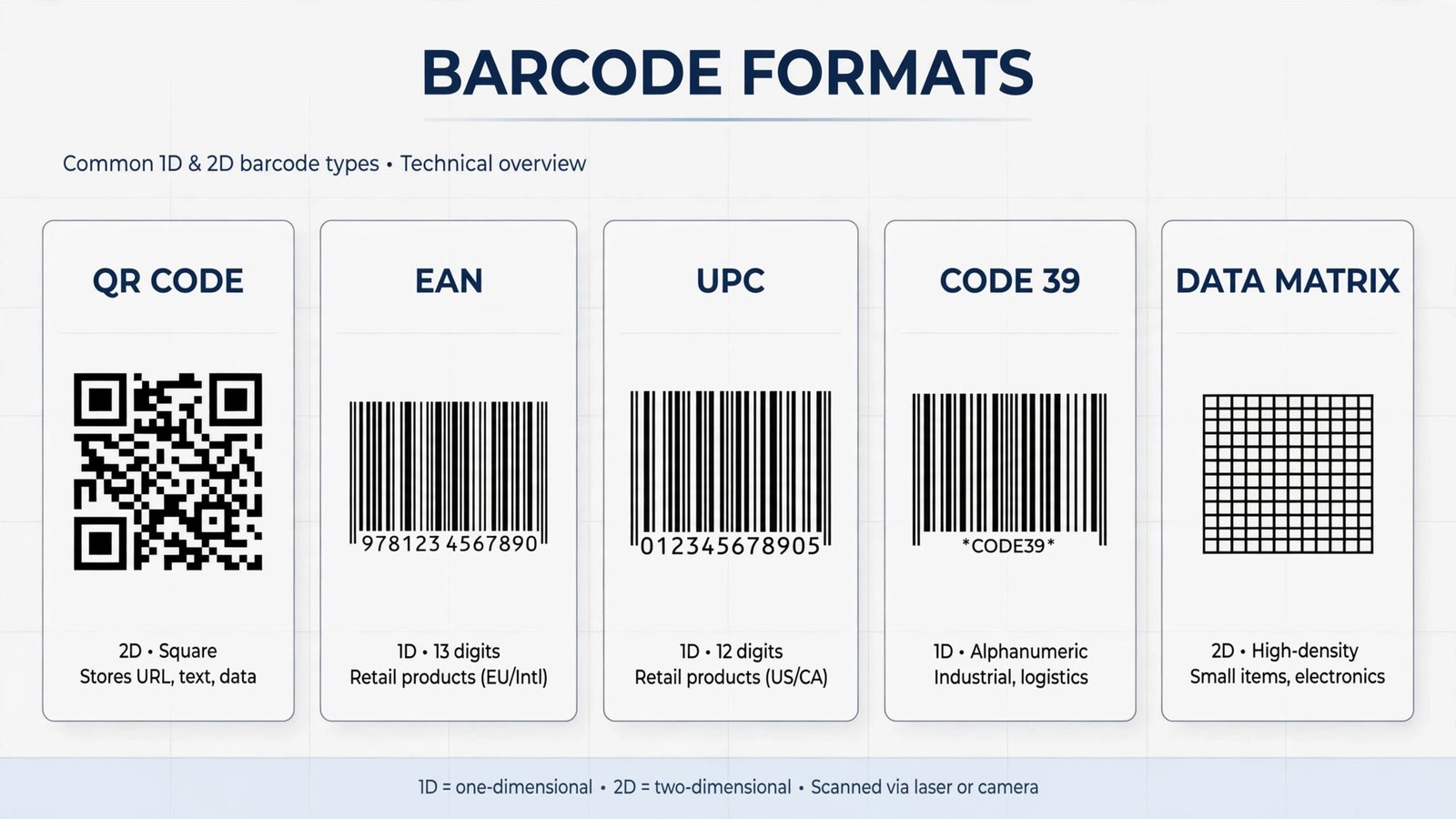 Diagram of barcode formats QR code EAN UPC Code 39 Data Matrix
