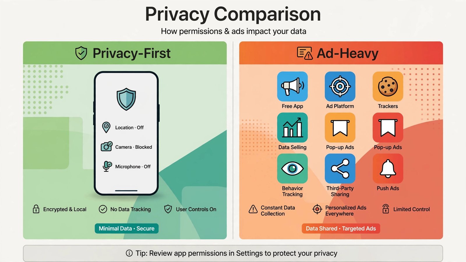 Privacy comparison of barcode scanner apps showing permissions and ads