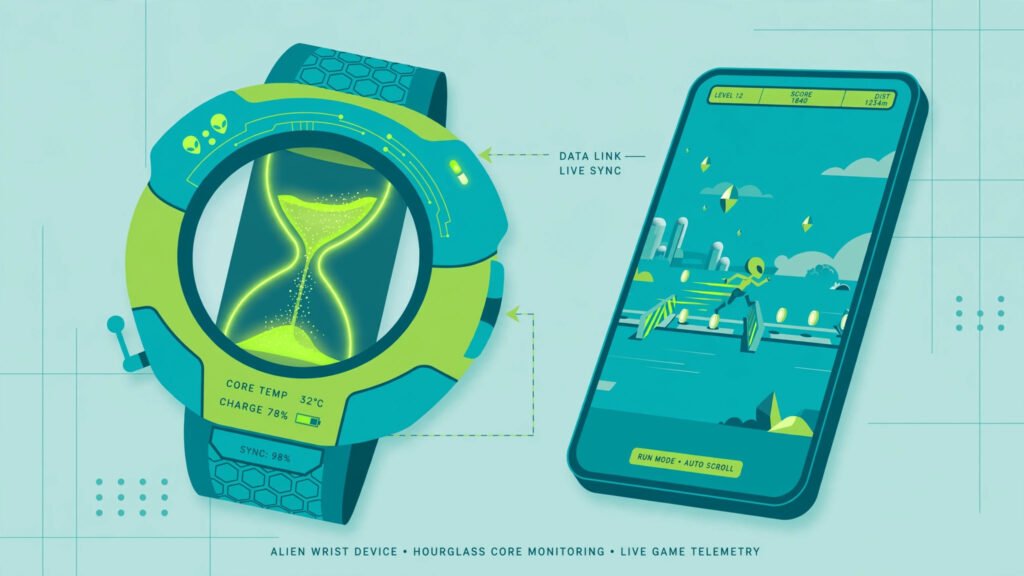 Stylized alien wrist device with a glowing green hourglass core floating beside a smartphone showing an endless-runner game