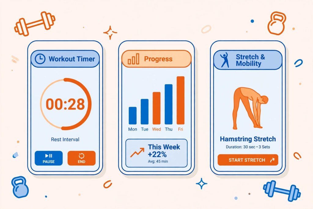 Illustration of the best CrossFit apps of 2026 on phone screens