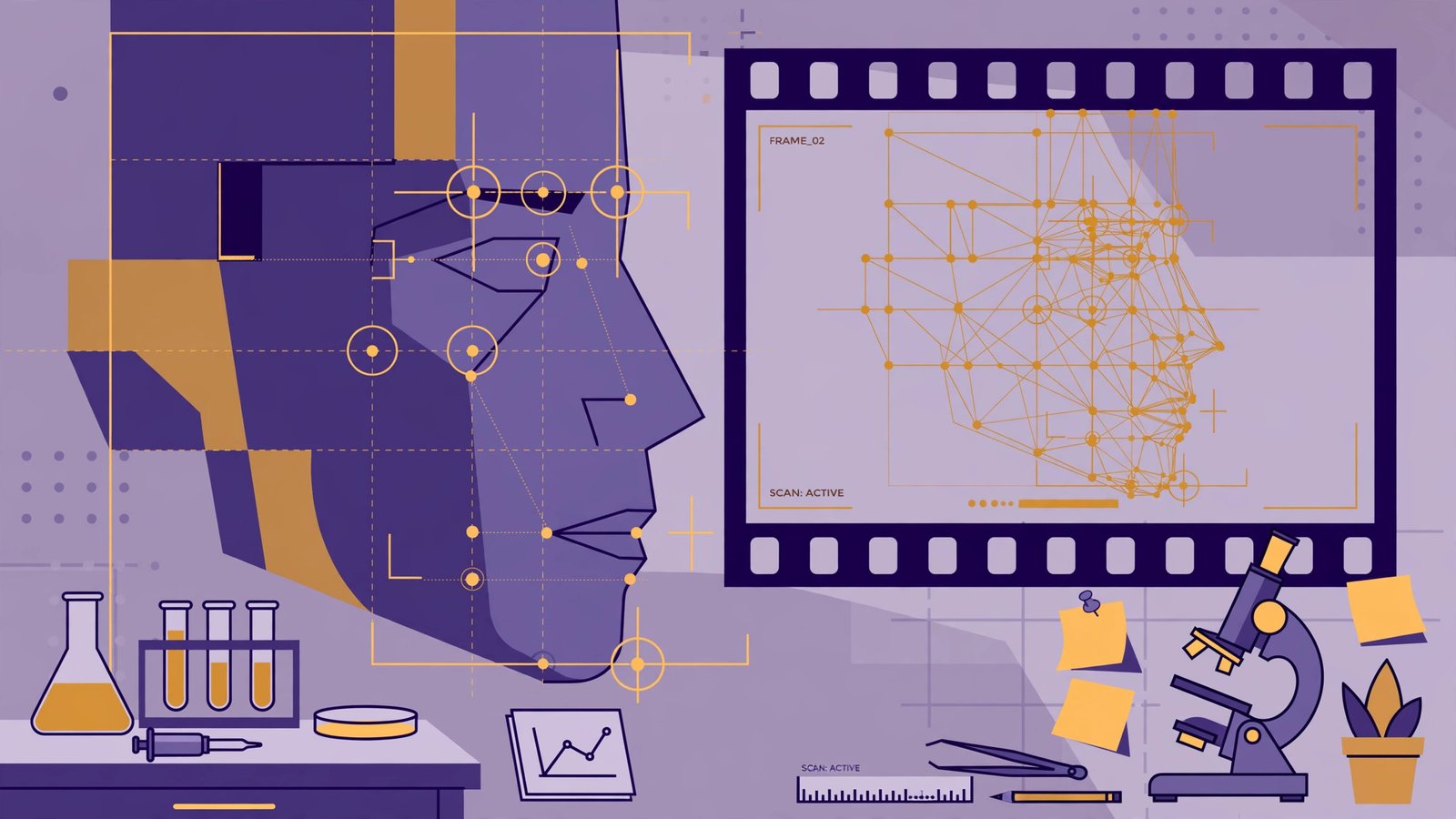 Stylized illustration of a face-swap experiment in progress: an illustrated face being mapped onto a film scene frame with scanning guides