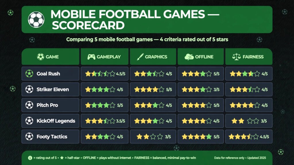Scorecard infographic rating five Android football games on gameplay, graphics, offline play, and in-app purchase fairness