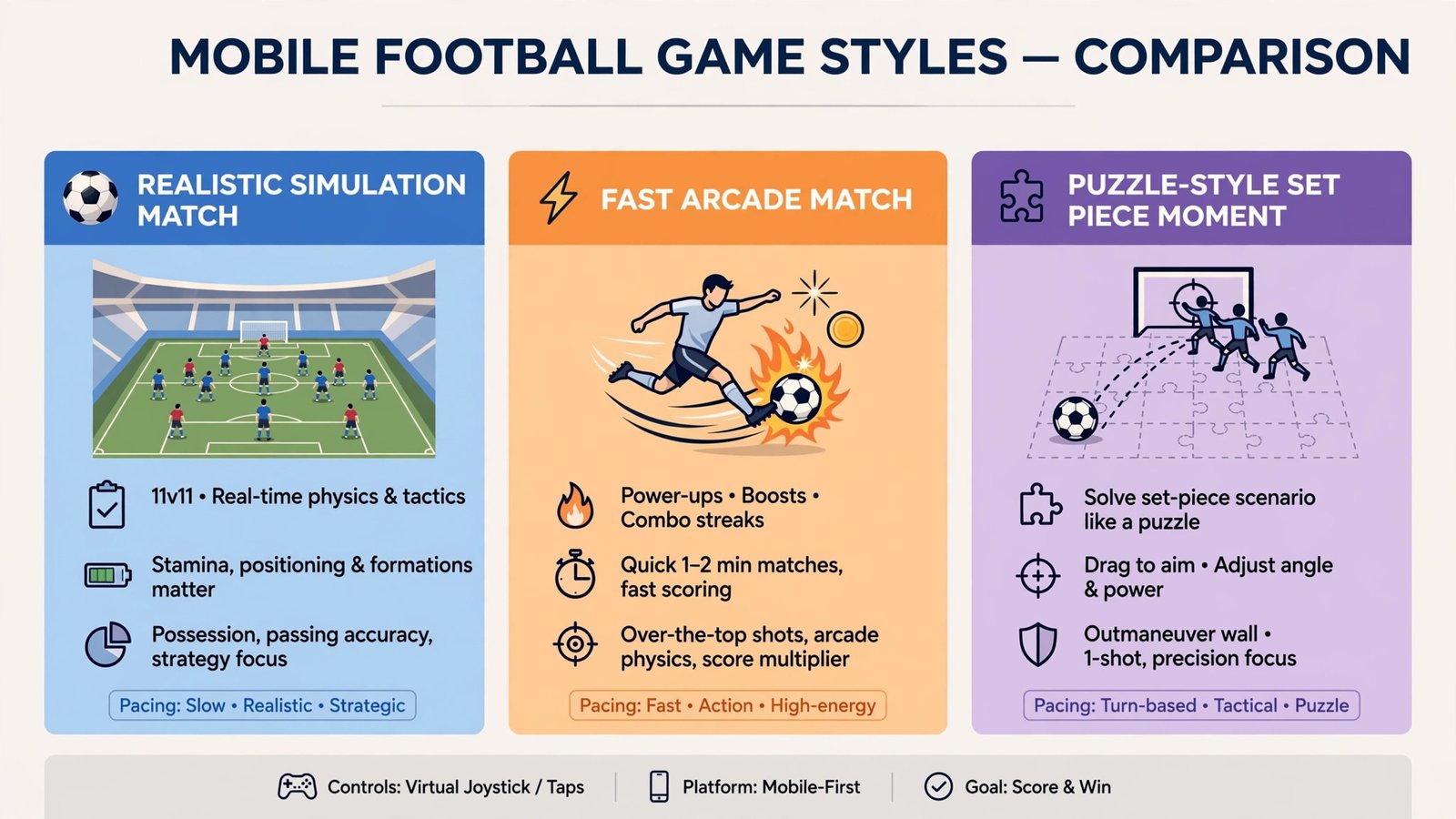 Diagram comparing simulation football games, arcade football games, and puzzle-style football games on mobile