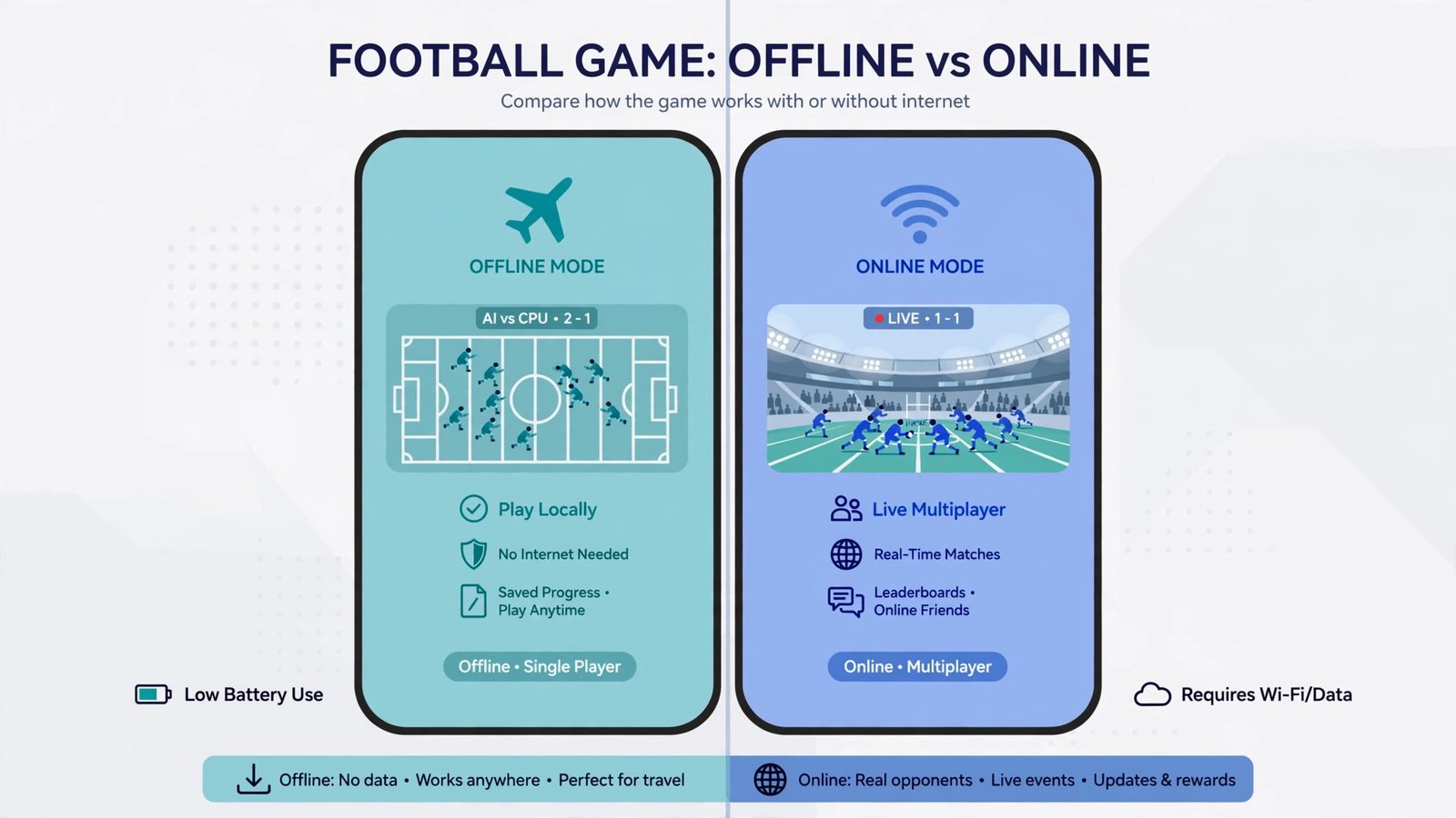Illustration comparing offline-capable football games against online-only football games on a phone