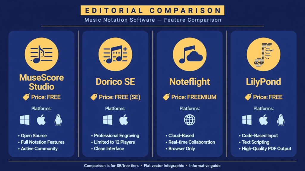 At-a-glance comparison of four free music notation tools: MuseScore Studio, Dorico SE, Noteflight, and LilyPond, each with its price, platform, and standout strength