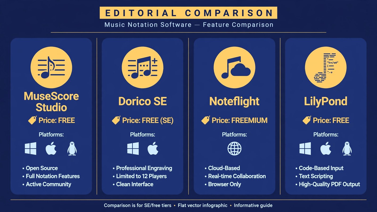 At-a-glance comparison of four free music notation tools: MuseScore Studio, Dorico SE, Noteflight, and LilyPond, each with its price, platform, and standout strength