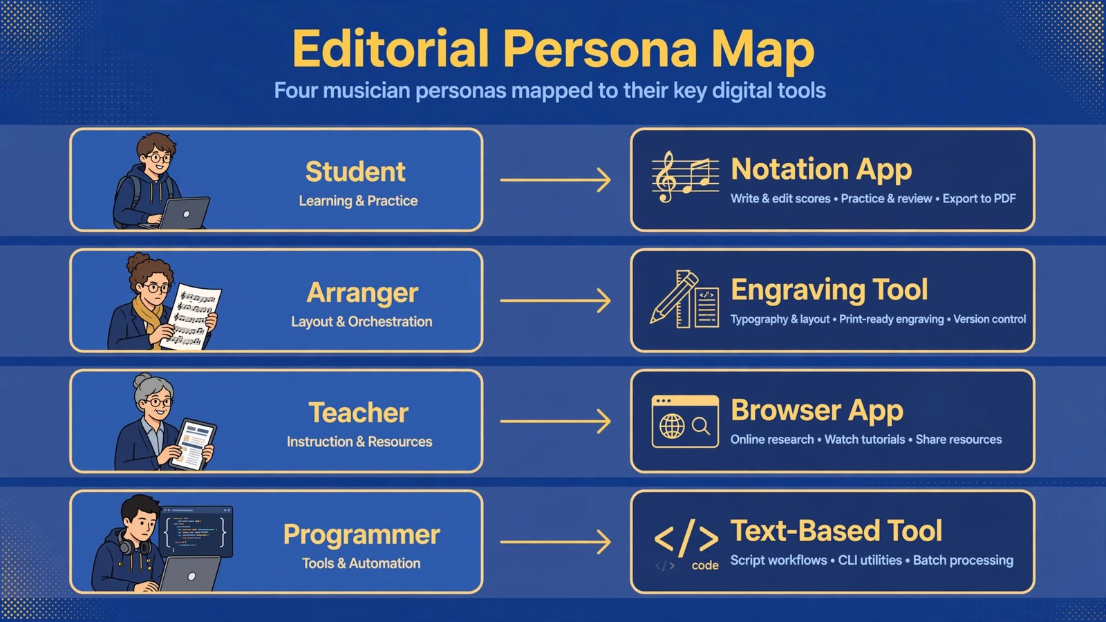 Persona map matching musician types to tools: students get MuseScore, aspiring engravers get Dorico SE, teachers get Noteflight, code-minded engravers get LilyPond