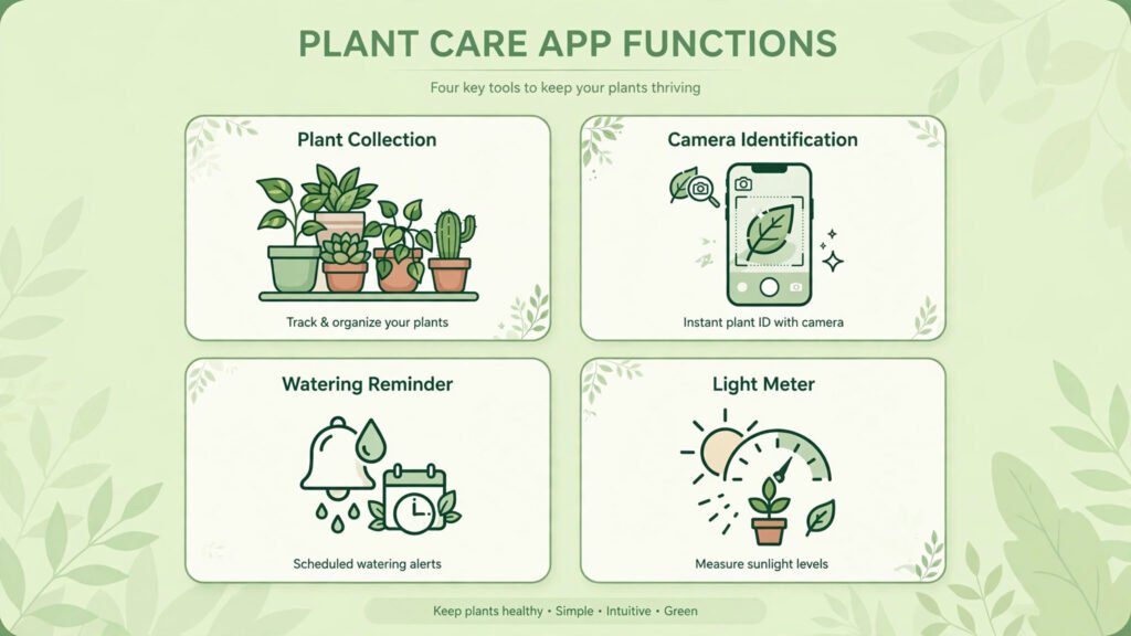 Infographic of what plant care apps do: reminders, identification, diagnosis, light meter