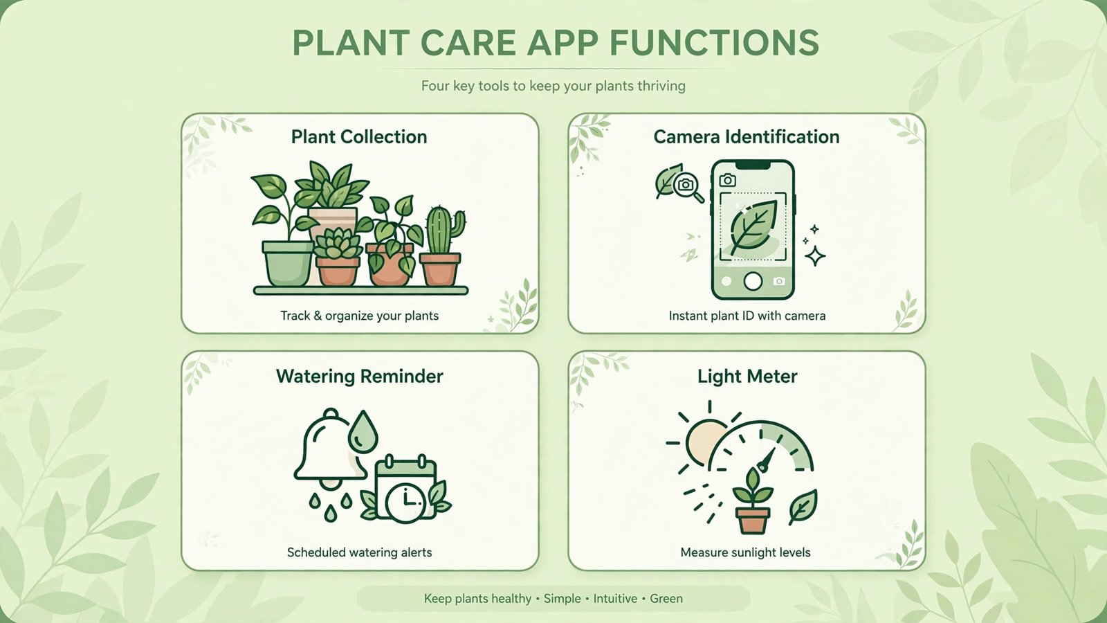 Infographic of what plant care apps do: reminders, identification, diagnosis, light meter