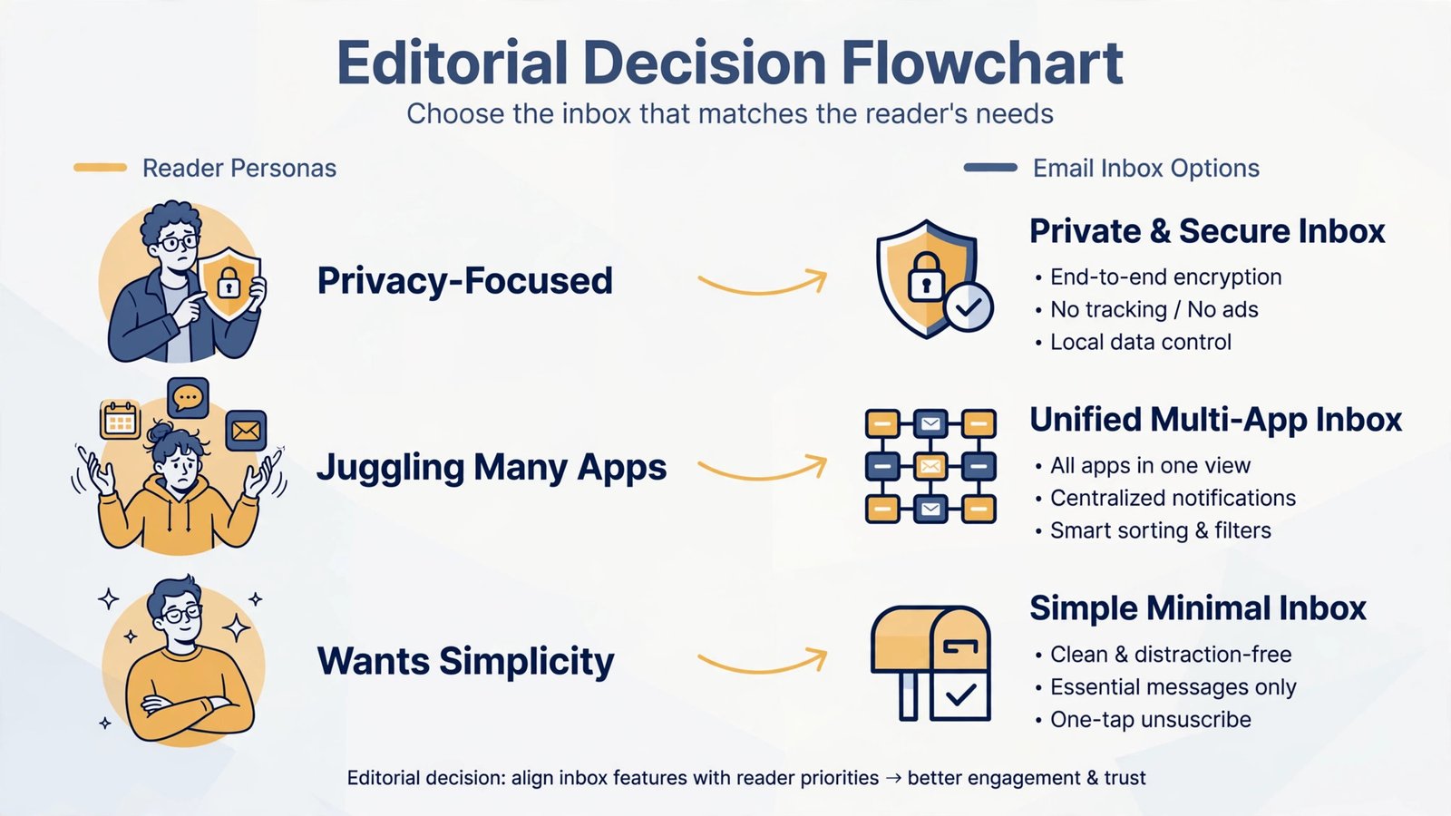 Flowchart matching privacy purists, ecosystem seekers, and convenience seekers to the right Gmail alternative