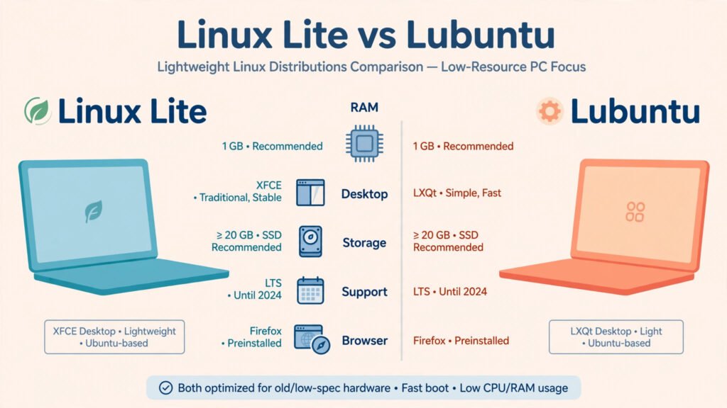 Side-by-side spec comparison infographic of Linux Lite 8.0 vs Lubuntu 26.04 LTS