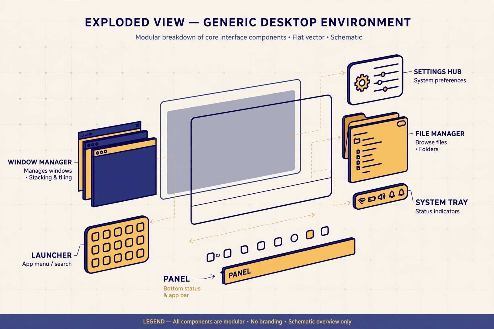 Six stylized desktop environment layouts: activities overview, taskbar desktop, tiled windows, start menu, dock, and classic panel