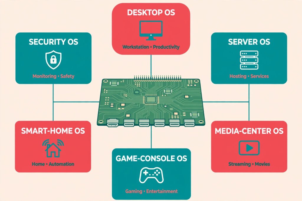 A single-board computer surrounded by OS cards matched to jobs: desktop, server, media center, game console, smart home, security