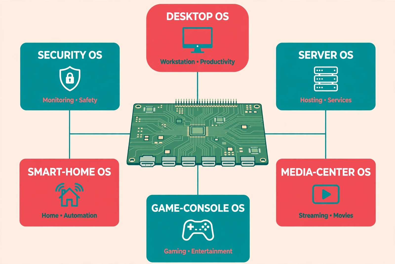 A single-board computer surrounded by OS cards matched to jobs: desktop, server, media center, game console, smart home, security