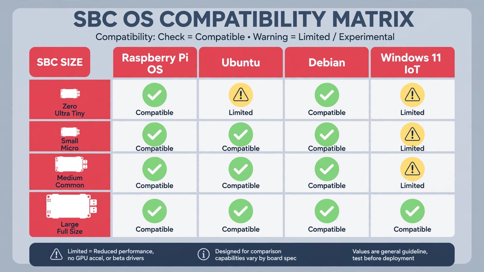 Compatibility matrix of Pi board sizes matched with OS options, checkmarks and warnings