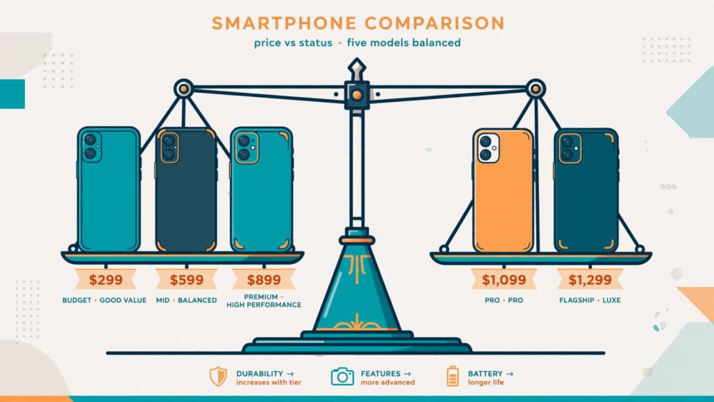 Illustration comparing five Linux phone models with price tags and status labels on a balance scale