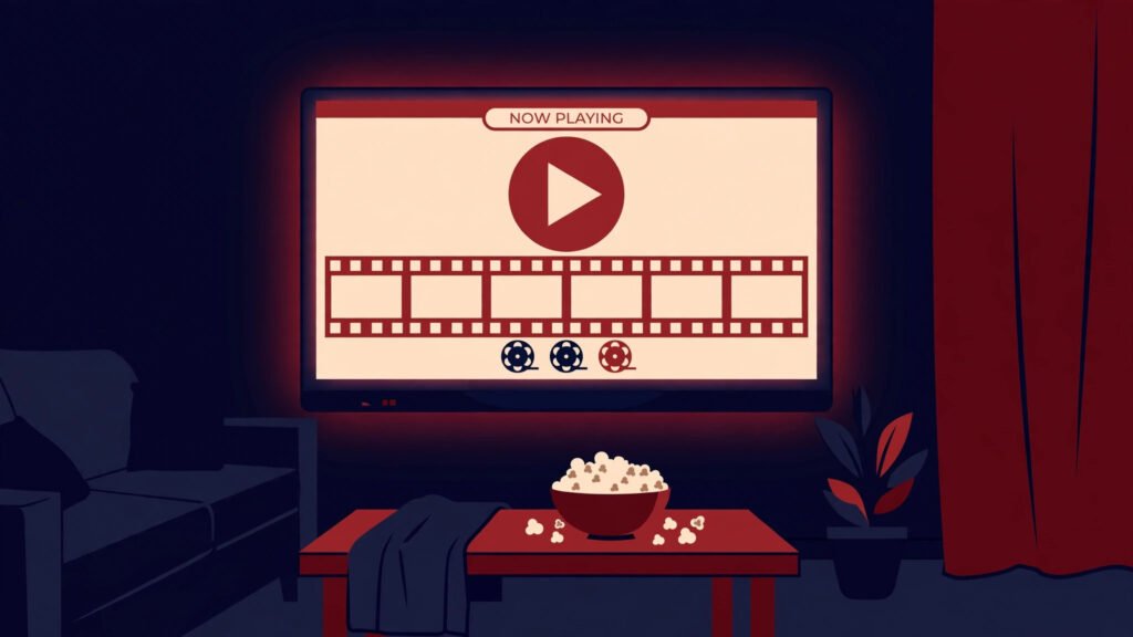 TV screen glowing in a dark living room showing a film marquee with a play button, popcorn bowl on the table in front
