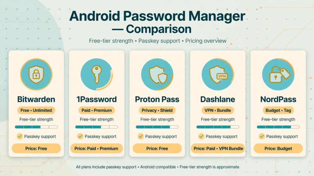 Infographic comparing five Android password manager apps on price, free tier strength, and passkey support