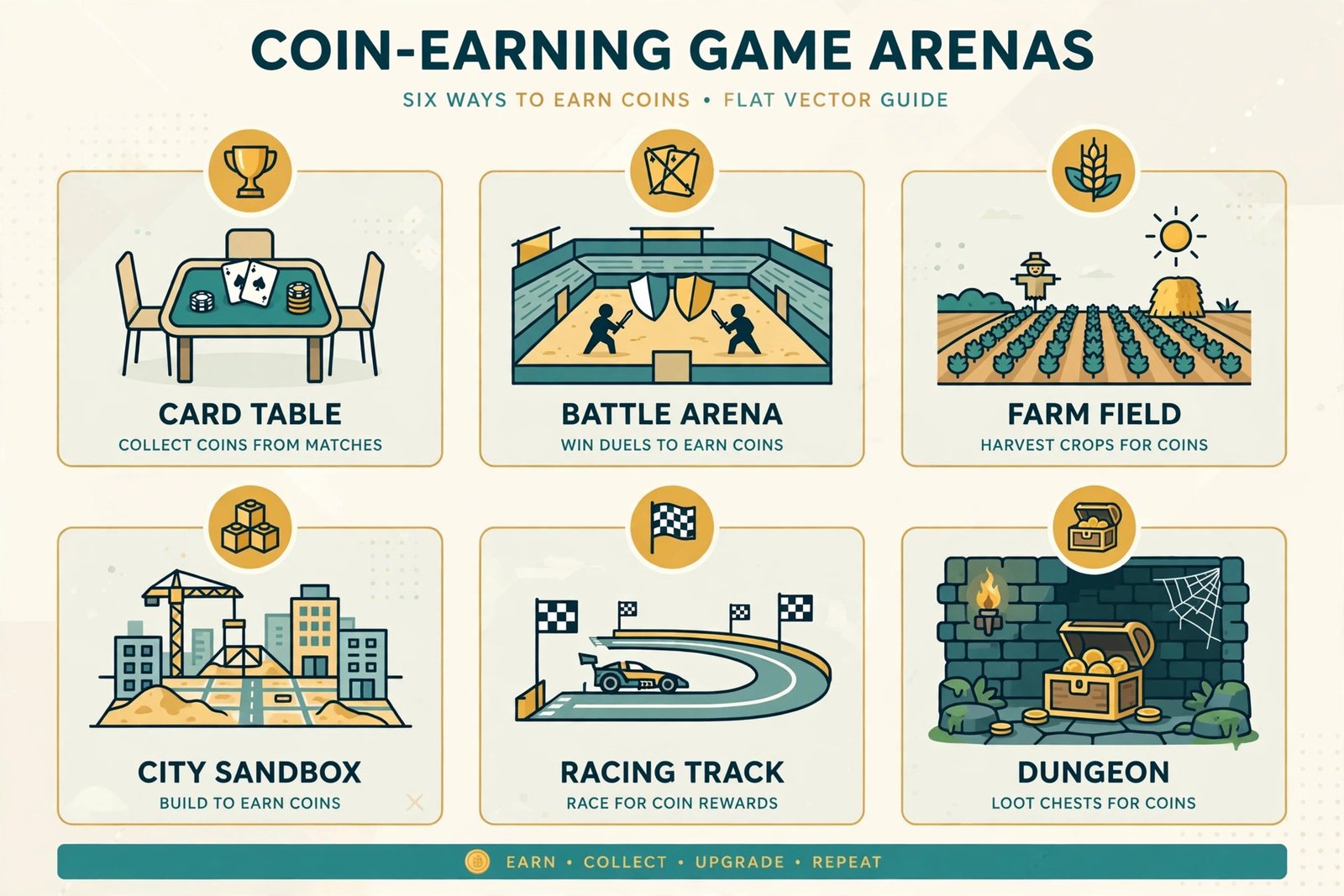 Infographic of six play-to-earn game types with coin-earning icons: cards, battle arena, farm, city sandbox, racing, and dungeon