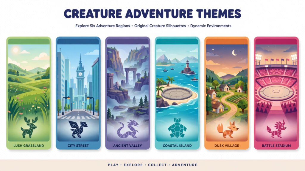 Infographic of six Pokémon game themes: grasslands, city, ancient valley, island arena, village, and stadium