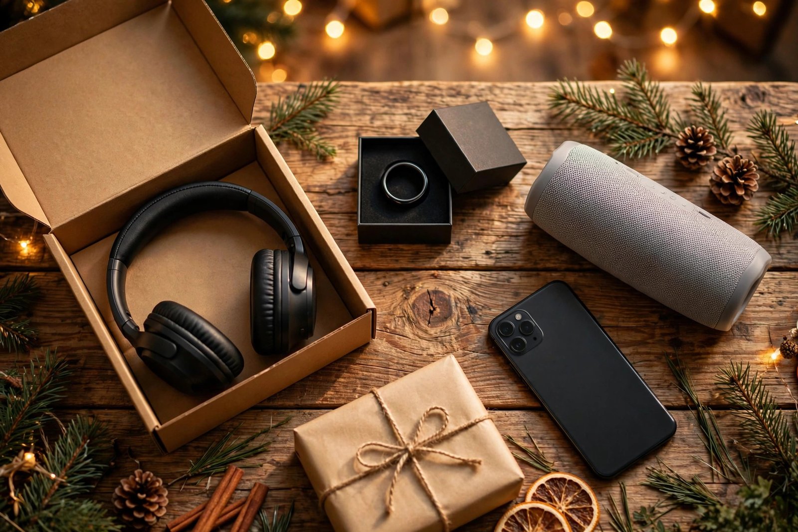 Warm flat lay of wrapped tech gifts for 2026, including wireless headphones, a smart ring box, and a portable speaker on a wooden table