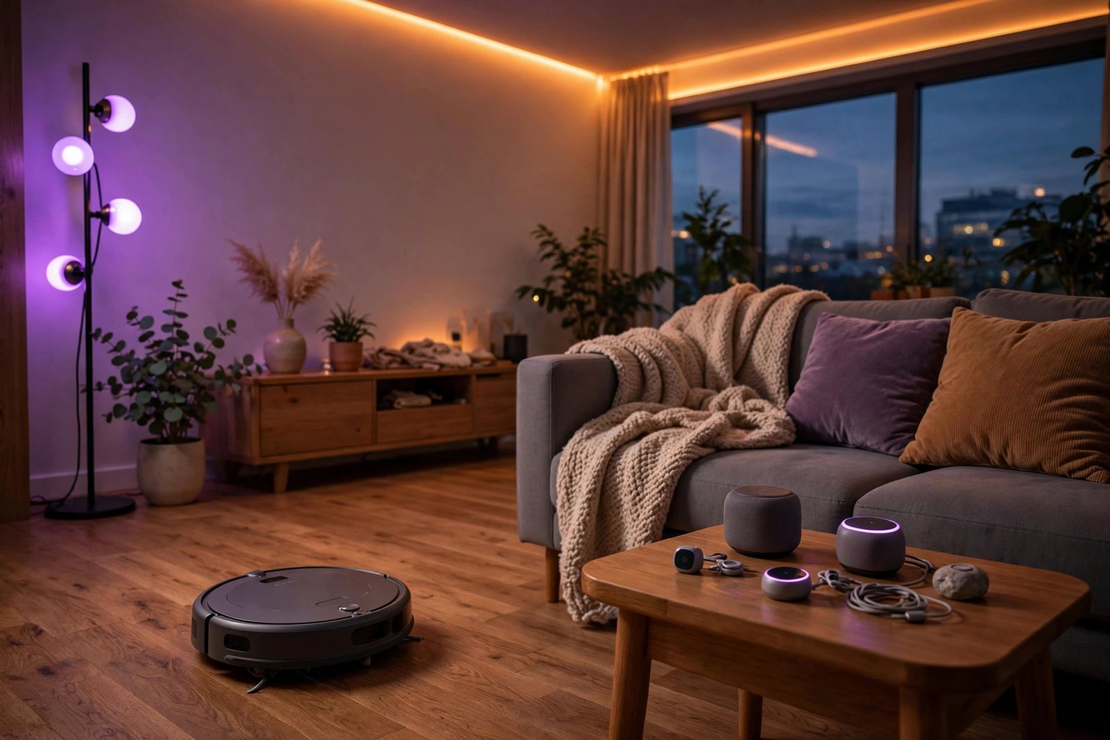 Cozy living room at dusk with smart lighting, a robot vacuum on the floor, and warm ambient light from smart bulbs