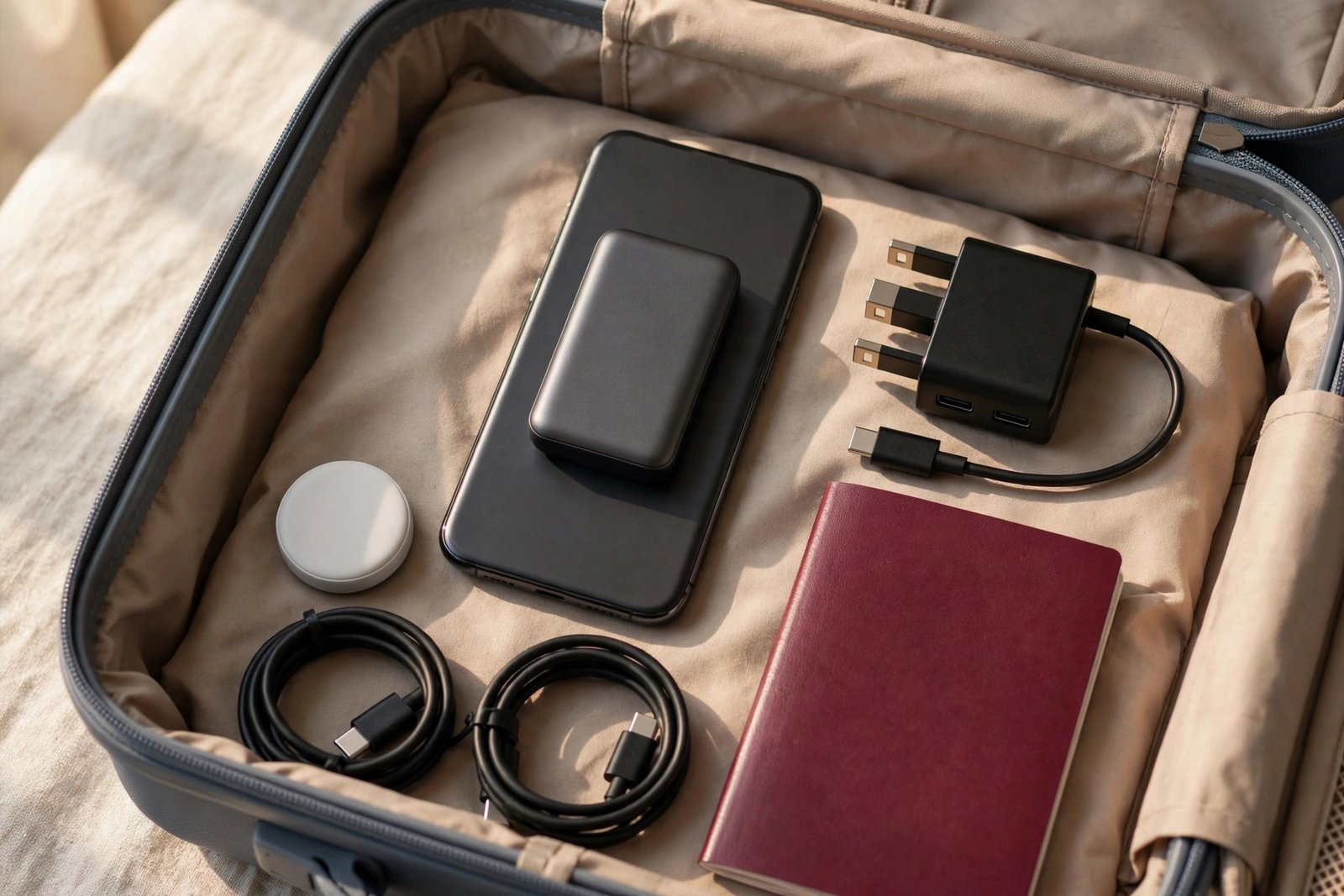 Travel tech gift essentials arranged in a carry-on bag: magnetic power bank, Bluetooth tracker, and a compact travel adapter