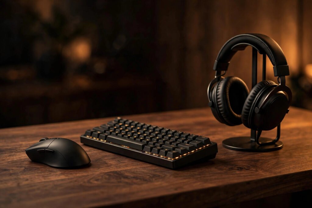 Gaming mouse, mechanical keyboard, and headset arranged as daily driver gift picks on a dark warm background