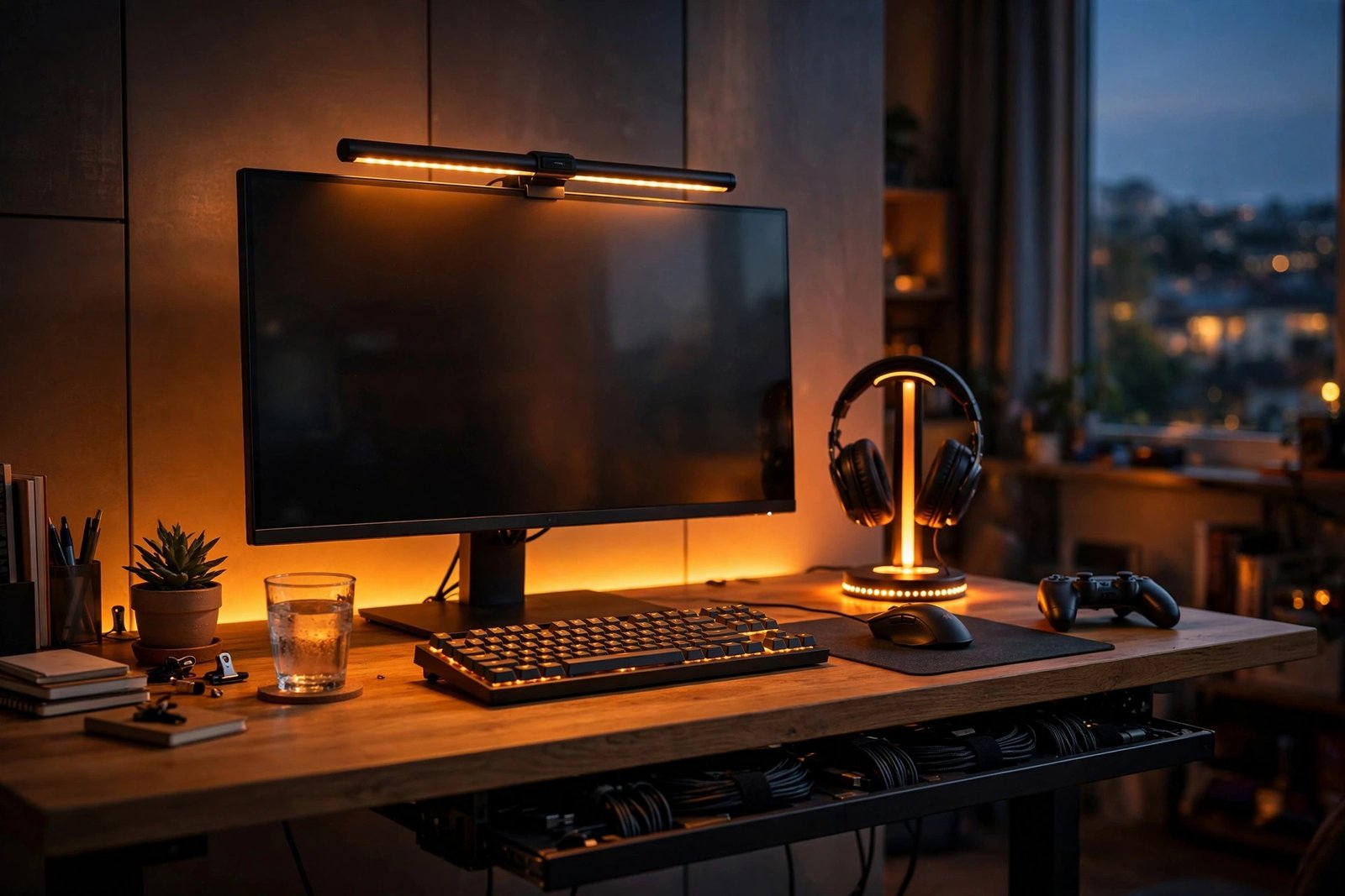 Gaming desk setup glowing with RGB lighting showing headset stand, light bar, and organized cables