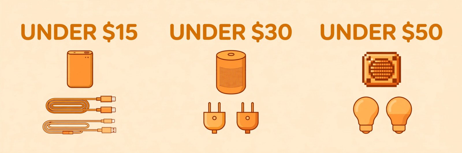 Tech gifts under 50 dollars organized into three budget tiers on a warm cream background