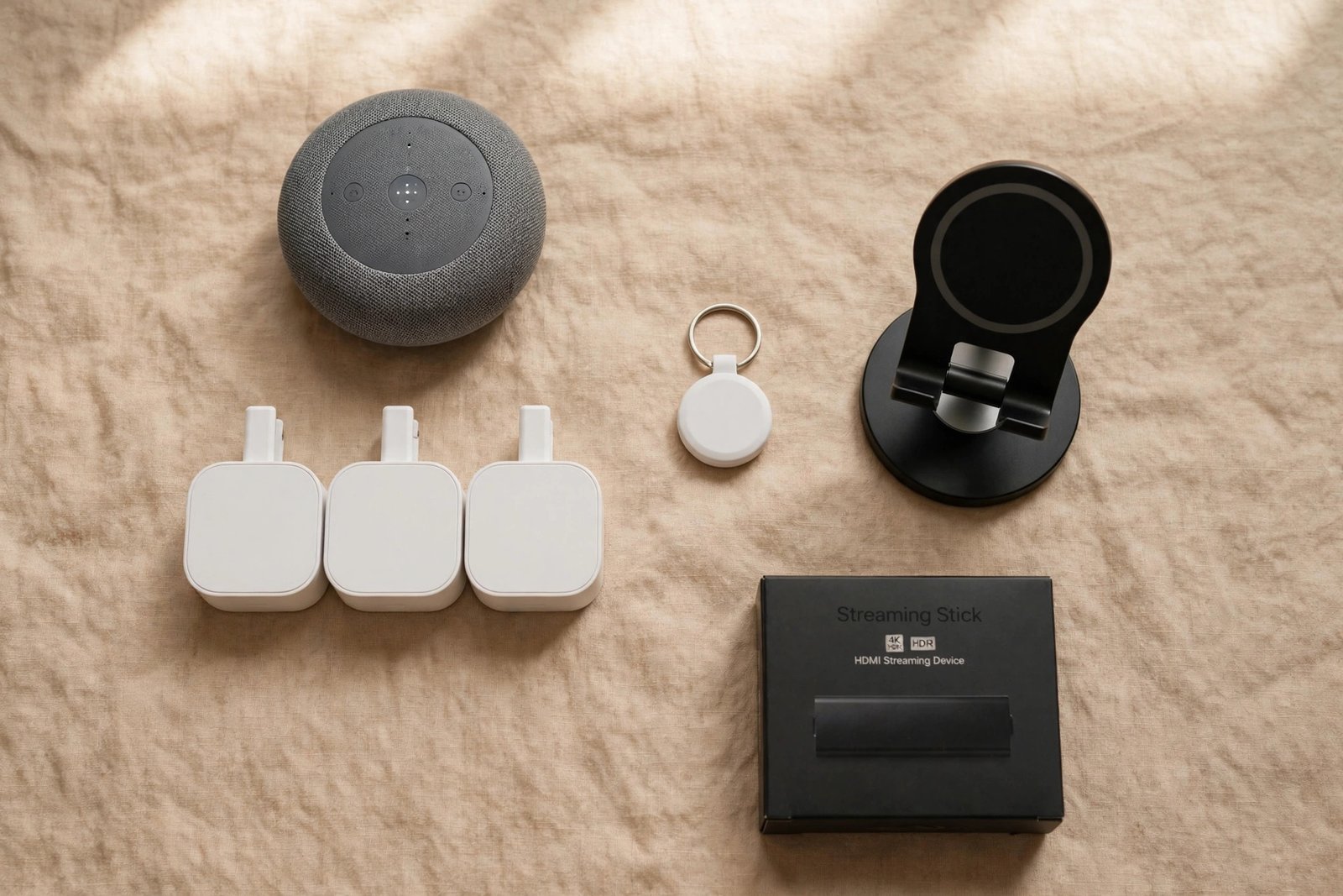 Flat lay of the best tech gifts under 30 dollars including a smart speaker, smart plugs, and a wireless charging stand
