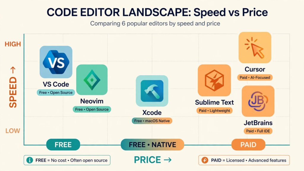 Infographic charting six Mac text editors on speed versus price, with free editors on one side and paid editors on the other