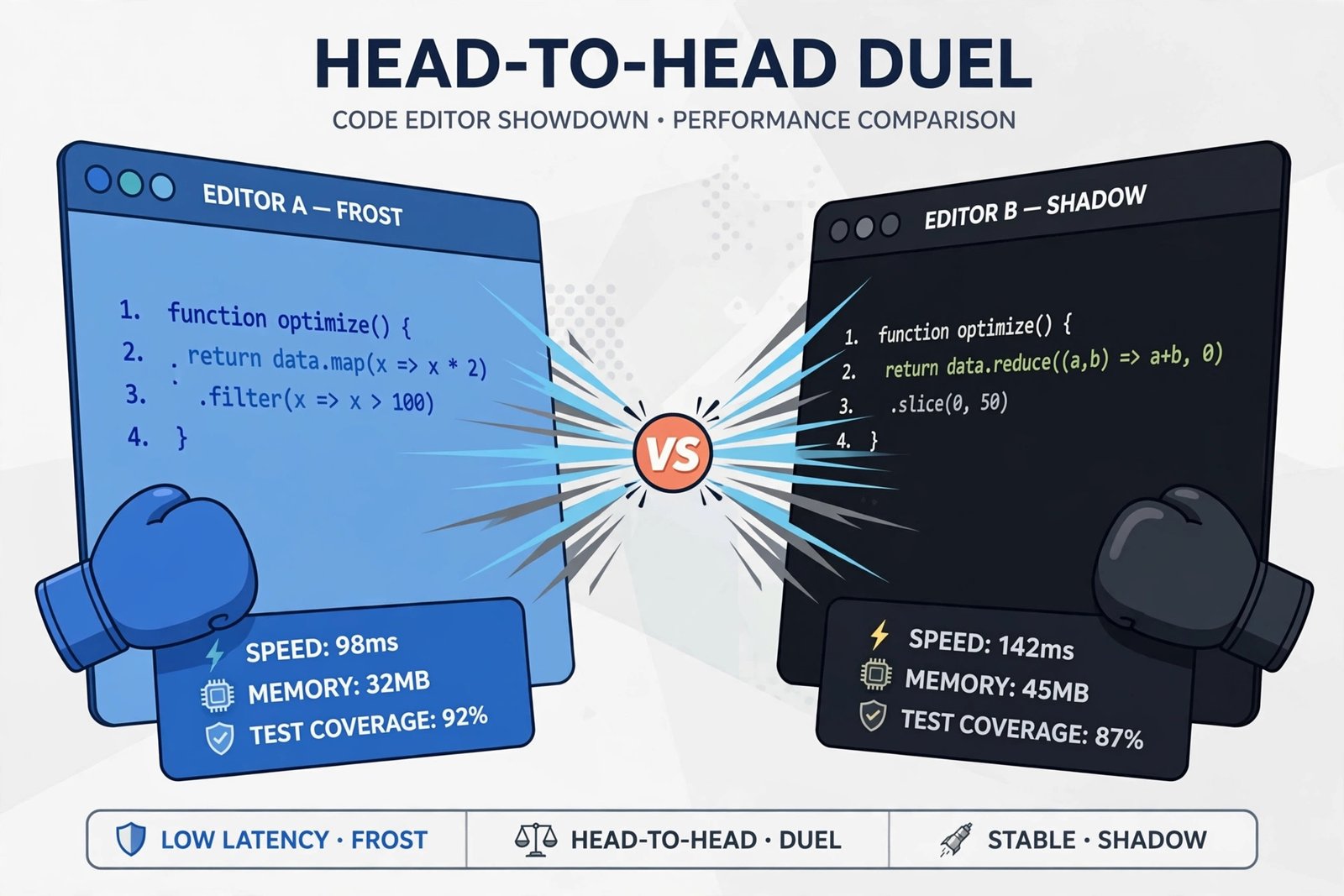 Head-to-head duel illustration of two code editor windows facing off with speed lines