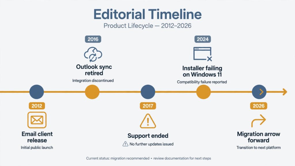 Timeline infographic: Windows Live Mail 2012, support ended January 2017, Outlook.com sync retired 2016, installer failing on Windows 11, and the 2026 migration moment
