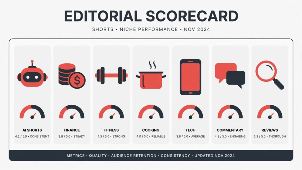Scorecard illustration rating seven YouTube Shorts channel ideas on setup cost, revenue potential, competition, and staying power