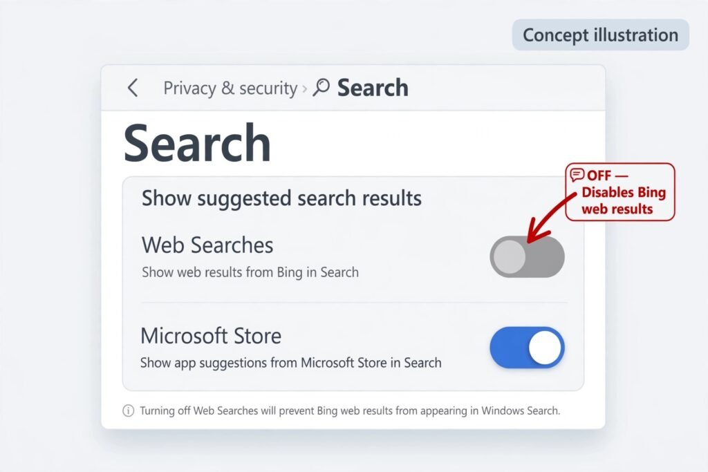 Concept illustration of the Web Searches toggle under Settings, Privacy and security, Search in Windows 11