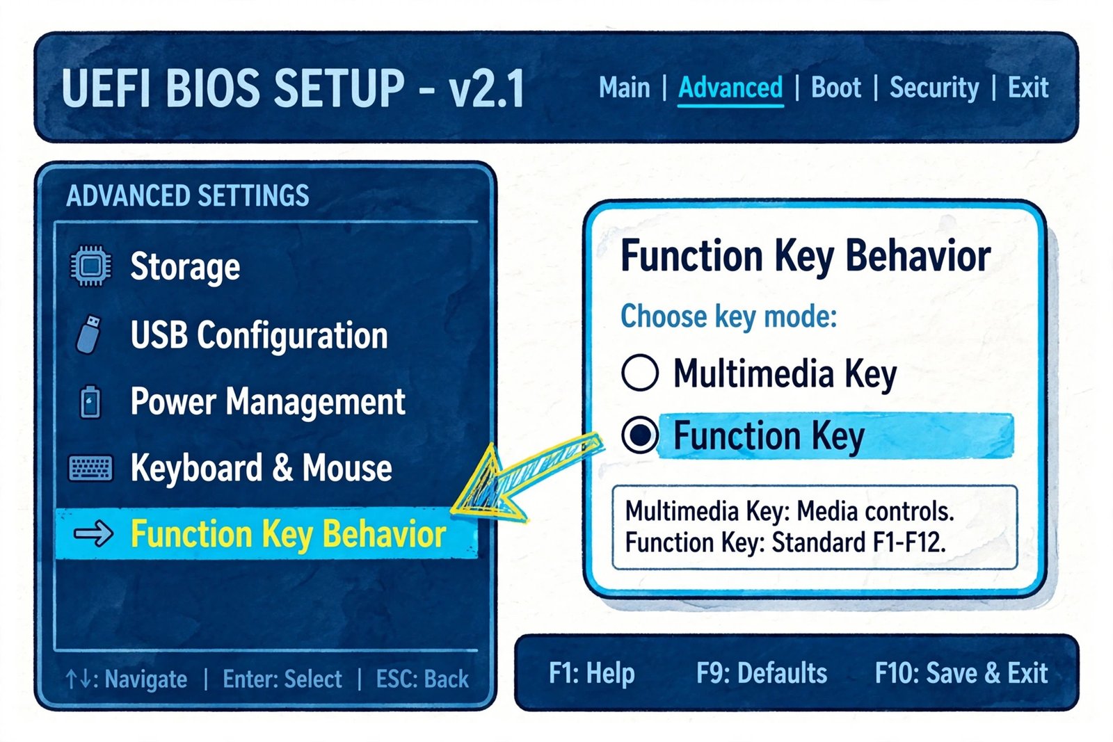 Illustrated BIOS setup screen showing the Function Key Behavior option being changed