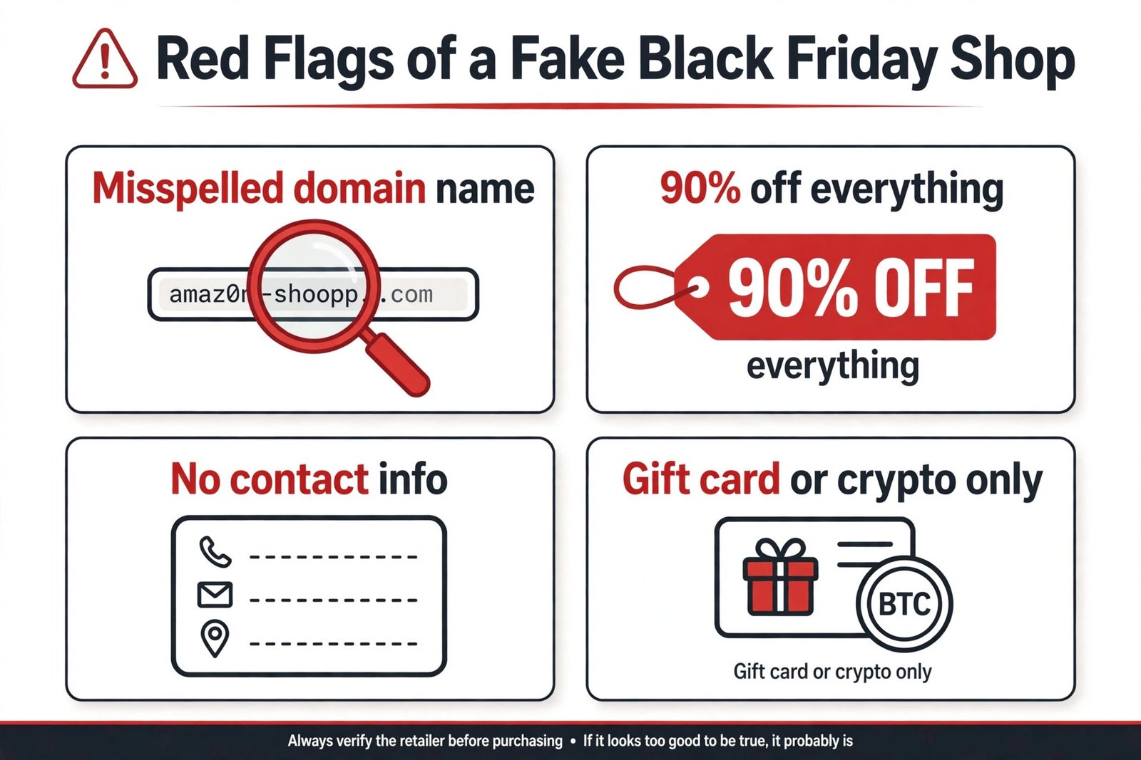 Infographic showing four red flags of a fake Black Friday shop: a misspelled domain name, ninety percent off everything, no contact information, and gift card or crypto only payments
