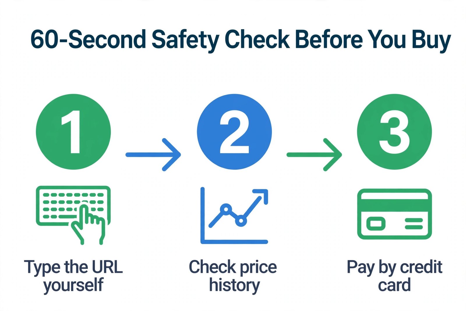 Three-step safety check diagram: type the URL yourself, check price history, then pay by credit card
