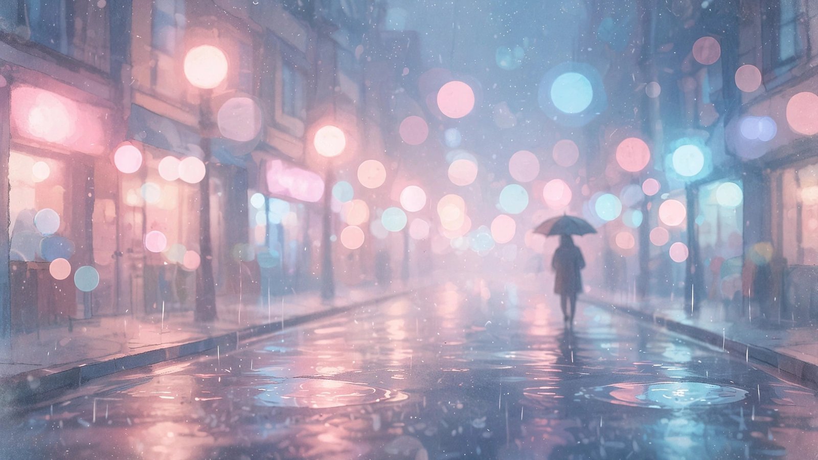Dreamy soft-focus night street with glowing bokeh lights in pink and blue tones