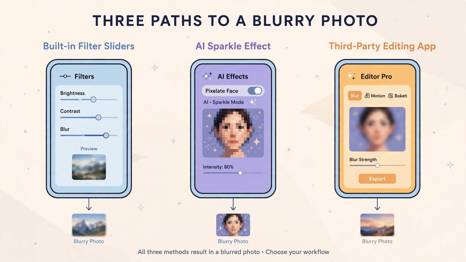 Three phones showing the three paths to a blurry photo: built-in filters, AI pixel effect, third-party editing app