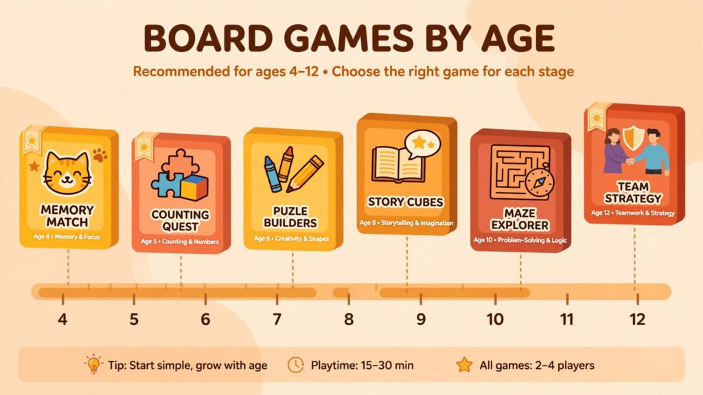 Chart mapping six recommended kids board games to age bands from 4 to 12 years