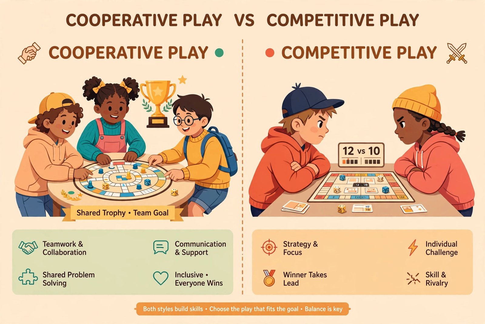 Diagram comparing cooperative board games where players team up against competitive games where players face off