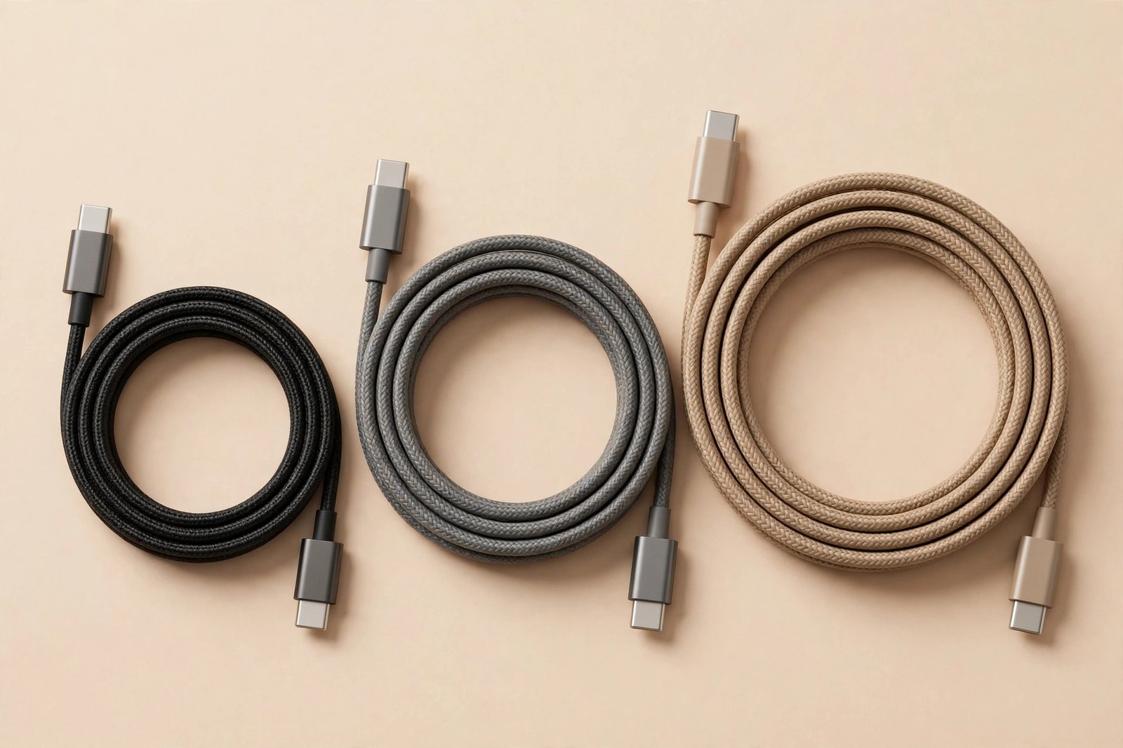 Neatly coiled braided USB-C cable pack