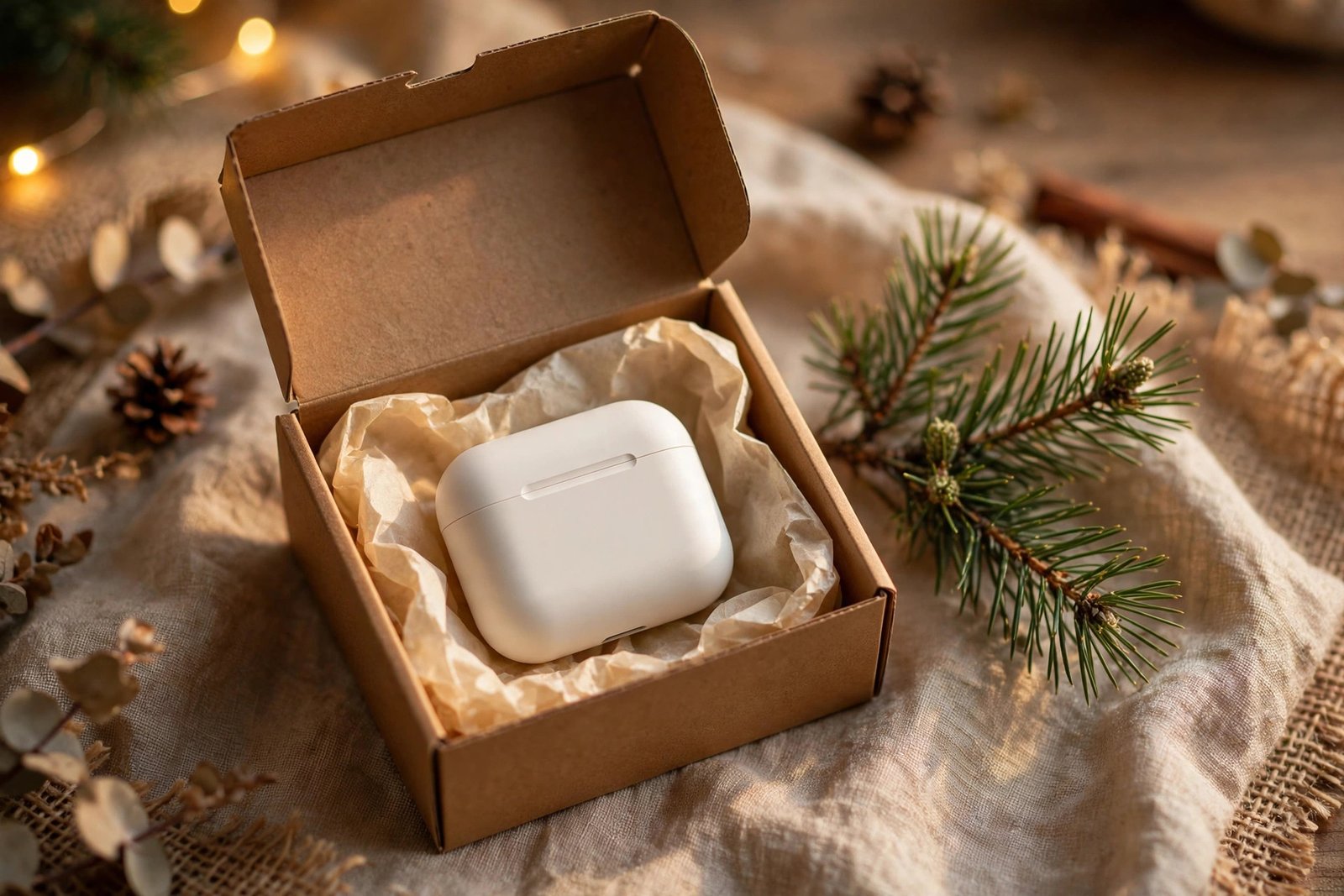 Wireless earbuds case in an open gift box with warm holiday styling