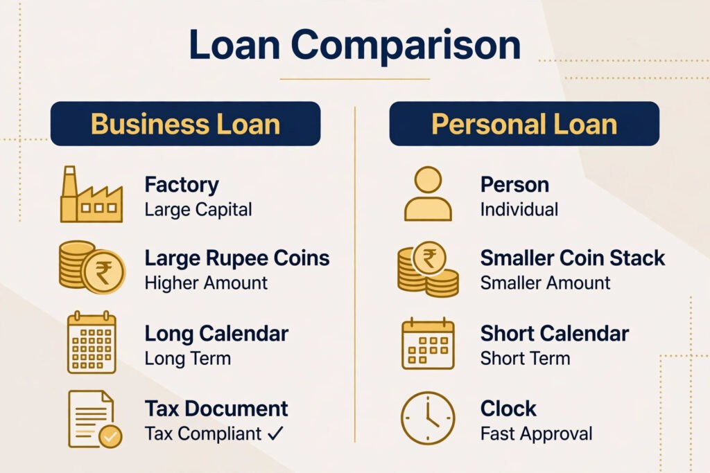 Infographic comparing business loans and personal loans across interest rates, amounts, tenure, and tax benefits