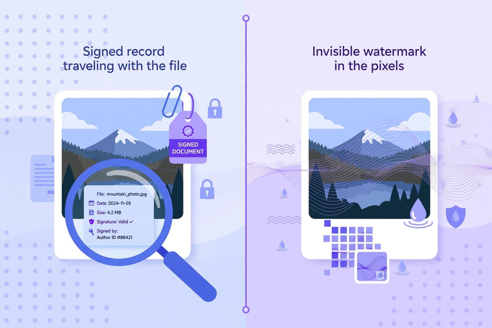 Diagram comparing C2PA signed record attached to a file with SynthID invisible watermark embedded in image pixels