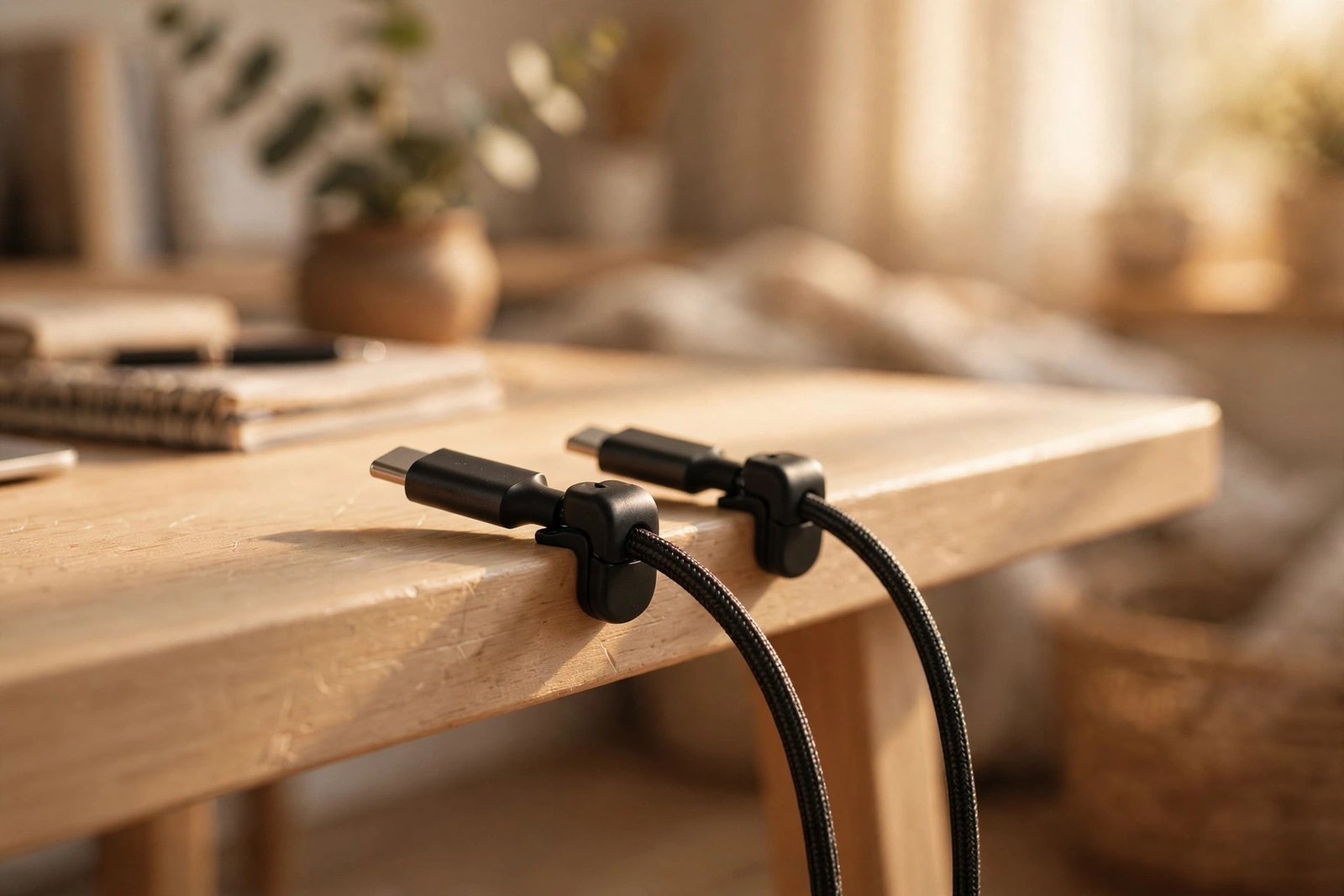 Close-up of magnetic cable clips on the edge of a wooden desk holding charging cables in warm light