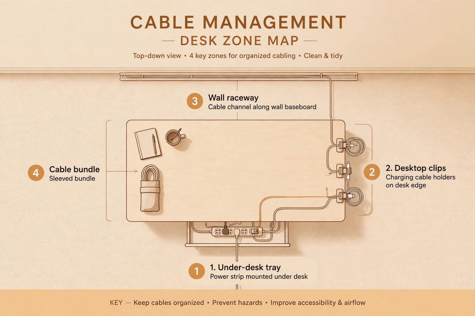 Diagram of the four cable management zones: under-desk tray, desktop clips, wall and floor raceway, and the bundled cable run
