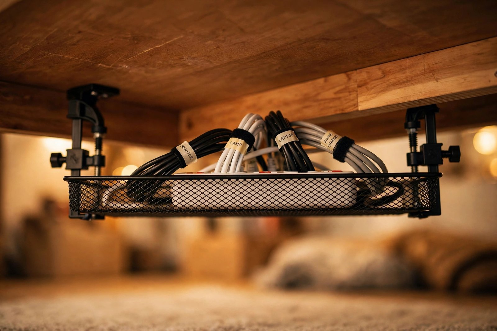 Under-desk view of a clamp-on cable tray holding a power strip with neatly bundled cables in warm home office light